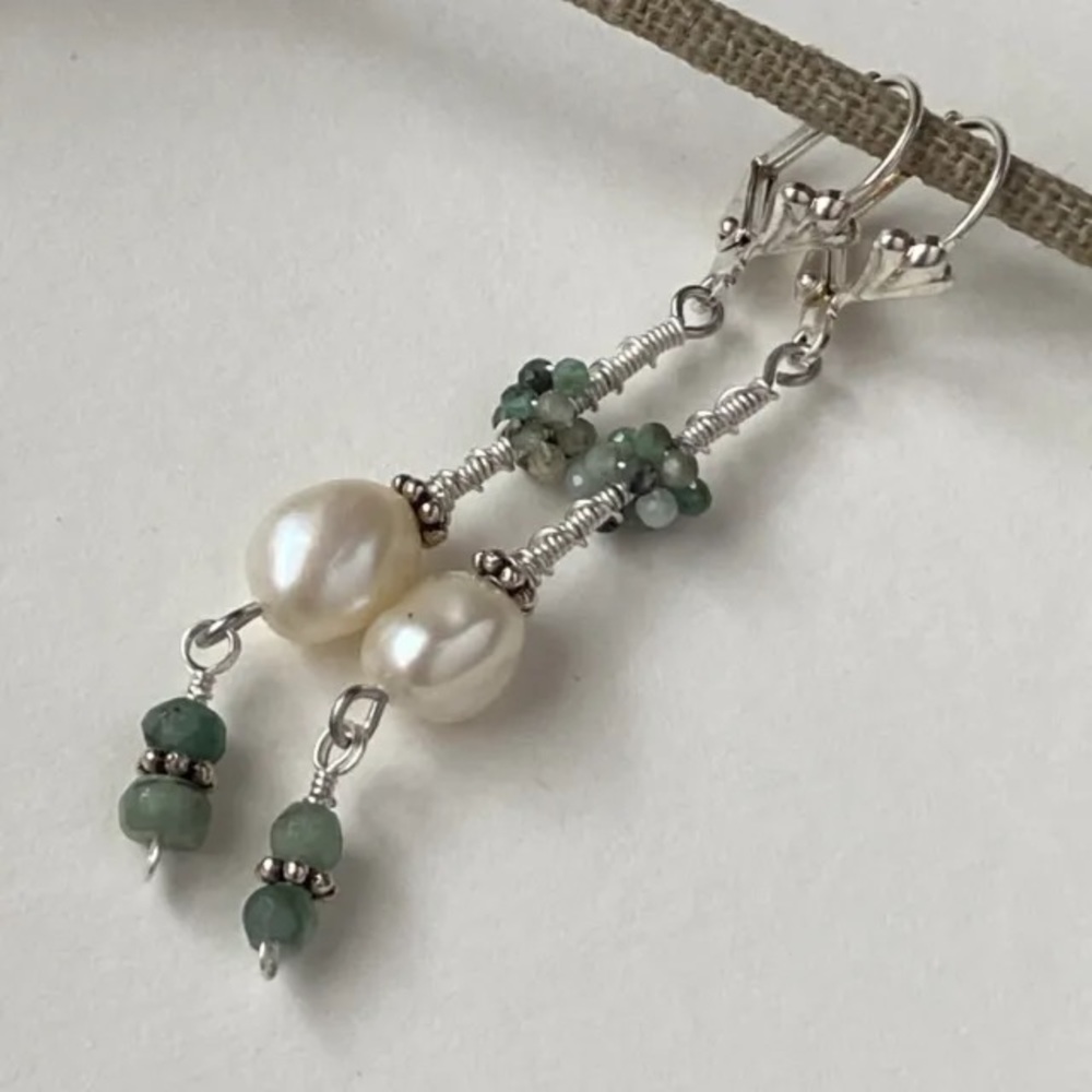 Genuine Emerald and White Freshwater Pearl Earrings, 2-1/4” Drop.